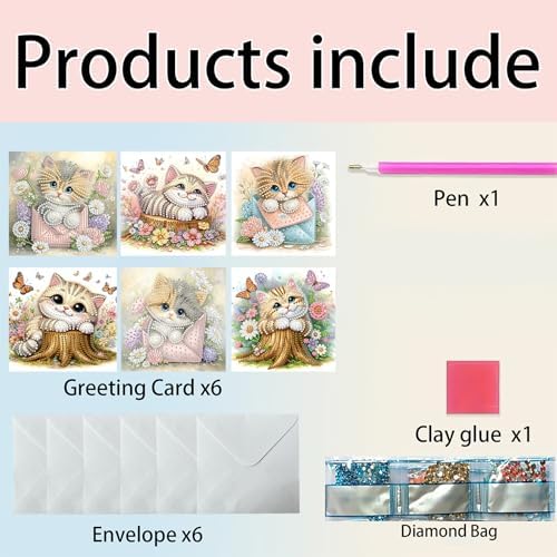 6pcs Cat and Flowers Diamond Art Painting Greeting Cards Kit with Envelopes, 5D DIY Special Shaped Card Making Kits for Adults, Holiday Birthday Postcards, Creative Craft Gifts - Image 3