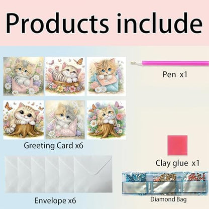 6pcs Cat and Flowers Diamond Art Painting Greeting Cards Kit with Envelopes, 5D DIY Special Shaped Card Making Kits for Adults, Holiday Birthday Postcards, Creative Craft Gifts - Image 3