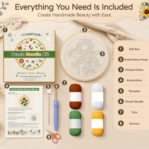 CYANFOUR Punch Needle Kit for Beginners, Sunflower Punch Needle Kits Adults, Craft Kits for Adults with 2 Pre-Printed Fabrics, Embroidery Hoop, Threads, DIY Gift and Home Decor 20 * 20cm - Image 2