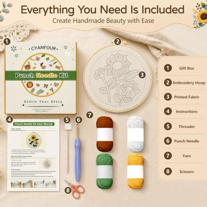 CYANFOUR Punch Needle Kit for Beginners, Sunflower Punch Needle Kits Adults, Craft Kits for Adults with 2 Pre-Printed Fabrics, Embroidery Hoop, Threads, DIY Gift and Home Decor 20 * 20cm - Image 2
