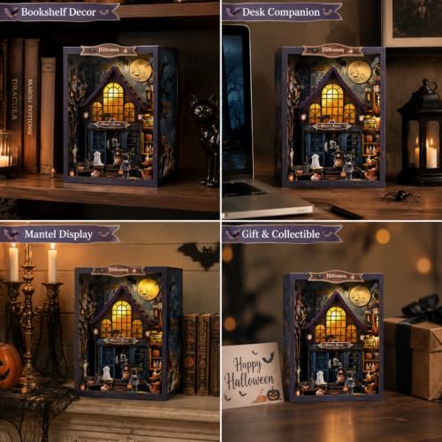 Halloween Book Nook Kit with LED, DIY Miniature House Dollhouse Kit for Adults and Teens, 3D Wooden Puzzle Booknook Tiny House Bookshelf Halloween Decorations, Gift for Family, Friends - Image 5