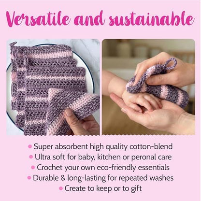 KnitPal Dishcloth Crochet Kit for Beginners (Plum Purple + Blush Pink) - Image 4