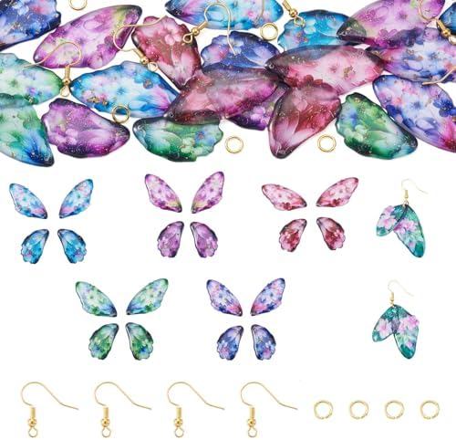FASHEWELRY 20Pcs Resin Feather Wing Charms Mixed Color Flower Prints Fairy Wing Earring Pendants Colorful Butterfly Charms with Gold Foil for Jewelry Making - Earring Hooks & Jump Rings by FASHEWELRY