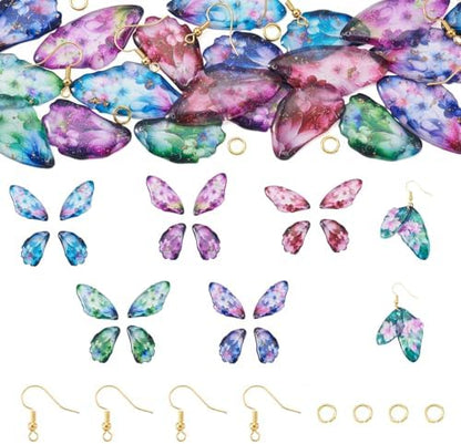 FASHEWELRY 20Pcs Resin Feather Wing Charms Mixed Color Flower Prints Fairy Wing Earring Pendants Colorful Butterfly Charms with Gold Foil for Jewelry Making - Earring Hooks & Jump Rings by FASHEWELRY