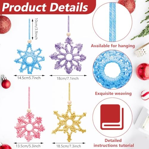 ACRNIGHEET 4pcs Snowflake Christmas Macrame Kit for Beginners, Xmas Tree Hangings Kits, Learn to Macrame with Step-by-Step Tutorials, Christmas Gifts - Image 3