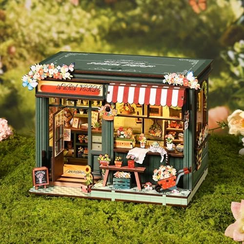 DIY Miniature House Kit for Adults & Teens, Flower Shop Scene Mini House Decor with Touch Switch Light, 3D Wooden Puzzle Gift for Book Lovers & DIY Fans (Aura Verde) - Image 3