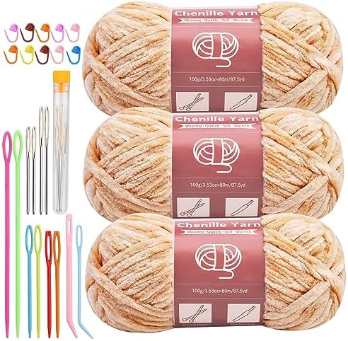 LUNARM Chenille Yarn 3 Pack 3.5oz Chunky Blanket Velvet Yarn 263 Yard by Lunarm
