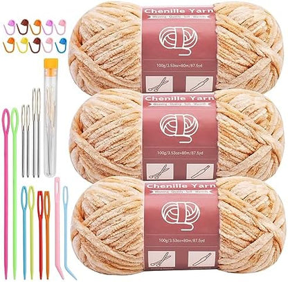 LUNARM Chenille Yarn 3 Pack 3.5oz Chunky Blanket Velvet Yarn 263 Yard by Lunarm
