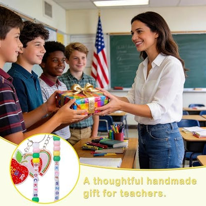Tuhangcc Unique Design 16 Sets Teacher DIY Charm Bead Keychain Kit with 10 A-Z Letter Beads 16 Charms & Greeting Card for Teacher Day Gift (Teacher's Day) - Image 7