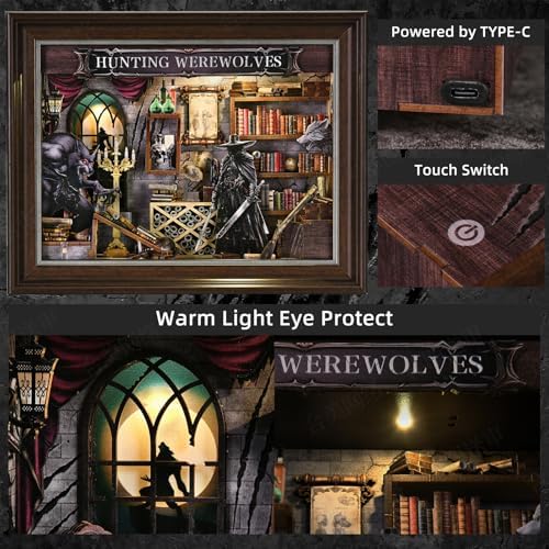 Book Nook Kit-3D Wooden Puzzle with LED Touch Control & Wall-Mountable Frame,DIY Miniature House for Beginners,Bookshelf/Tabletop/Wall Decor for Craft Lovers,Dollhouse Gift,Hunting Werewolves - Image 6