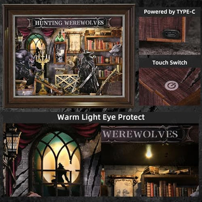 Book Nook Kit-3D Wooden Puzzle with LED Touch Control & Wall-Mountable Frame,DIY Miniature House for Beginners,Bookshelf/Tabletop/Wall Decor for Craft Lovers,Dollhouse Gift,Hunting Werewolves - Image 6