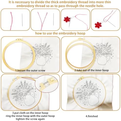 BEUNITONE 4 Set Embroidery Kits for Beginners, Flower Arrangement Design with Pre-Stamped Pattern Craft Kits Include Instruction and Hoops, 7.9x7.9 Needlepoint Kits for Festival Gifts and Home Decor - Image 3