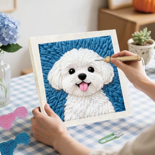 BEUNITONE Punch Needle Kit with Frame for Adults Beginners, Cute Bichon Frise Needlepoint Crafts Kit for Adults, Complete Embroidery Starter Kits with Pre-Print Pattern for Gift Home Decor 9.4"x9.4" - Image 6