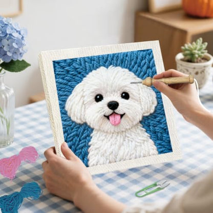 BEUNITONE Punch Needle Kit with Frame for Adults Beginners, Cute Bichon Frise Needlepoint Crafts Kit for Adults, Complete Embroidery Starter Kits with Pre-Print Pattern for Gift Home Decor 9.4"x9.4" - Image 6