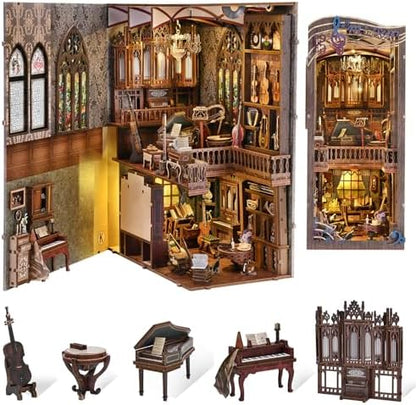 fifijoy Book Nook Kit - Timeless Melody DIY Miniature House Kit, 3D Wooden Puzzle Bookend Bookshelf with LED Light for Adults (Timeless Melody) - Image 2