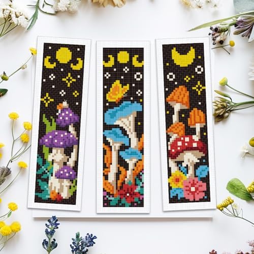 ACRNIGHEET 6PCS Cross Stitch Bookmark Kits Mushroom Pattern Stamped Cross Stitch Kits for Beginners Adults DIY Stamped Embroidery Bookmarks with Instructions Hand Embroidery Craft Gift - Image 5
