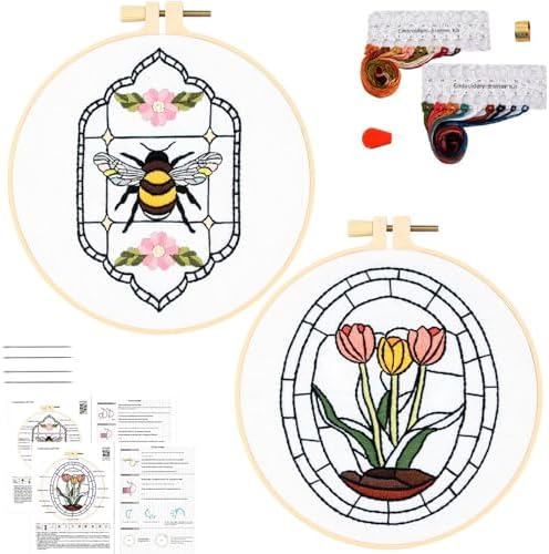 Armindou Flowers Bee Embroidery Kits for Beginners Adults, Floral Hand Embroidery Set Needlepoint DIY Kits, Stamped Cross Stitch Kits for Beginners Adults, 2 Embroidery Hoops (Attached Video Tutorial) by Armindou