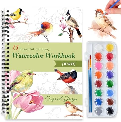 Watercolor Workbooks for Adults Beginners & Teens, 16 Colors 15 Beautiful Paintings, Pre-Outlined Designs, Easy Watercolor Art Book（Bird） by Terself