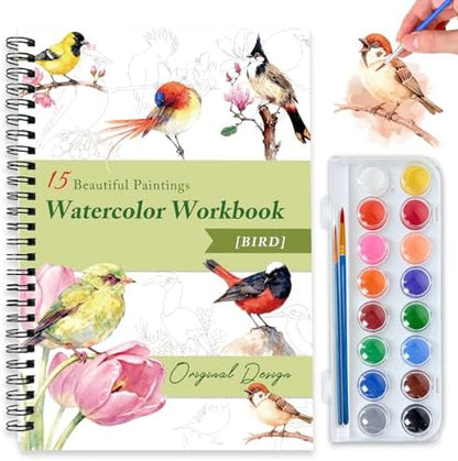 Watercolor Workbooks for Adults Beginners & Teens, 16 Colors 15 Beautiful Paintings, Pre-Outlined Designs, Easy Watercolor Art Book（Bird） by Terself