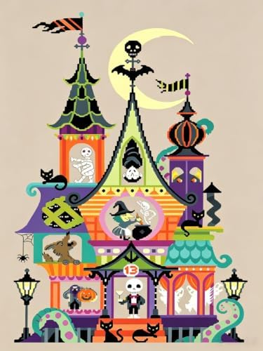 Colorful Haunted House Stamped Cross Stitch Kits for Beginner 12x16 Inch by Mosaflare