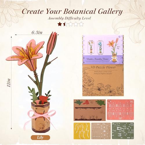 BUSOHA 3D Wooden Flower Puzzle for Adults - Lily DIY Craft Kit - Image 2
