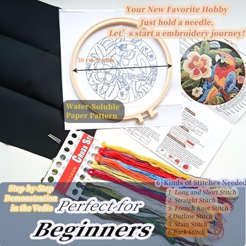 FONNUY Embroidery Kit for Beginners, Birds with Flowers Pre-Stamped Pattern Kits for Adults with Hoop, Easy to Follow Color Thread Needlework, 8'' Hoop (Orange Parrot) - Image 4