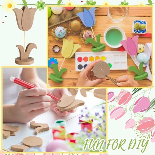 Bucherry 20 Pcs DIY Mother's Day Crafts Set 8 Pcs 3D Wooden Tulip to Paint Spring Wood Flowers Cutouts with Stand Unfinished Tulip Slices with 12 Colored Pens for Women Adult Crafts Art Table Decor - Image 4