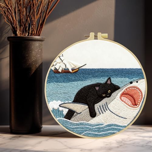 Black Cat Riding a Shark and a Sailboat Stamped Pattern Embroidery Kit for Beginners Adults Includes Cloth,Hoop,Color Threads,Needles and Instruction,Lover Hand Stitch with Embroidery Skill Techniques - Image 5