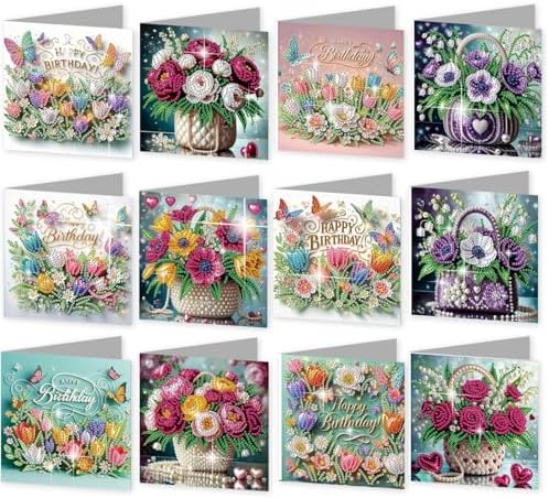 C'eitura 12Pcs Flower Bouquet Diamond Art Painting Greeting Card Kit with Envelopes, DIY Floral Christmas Birthday Thanksgiving Card Making Set, Elegant Handmade Card Craft by C%27eitura