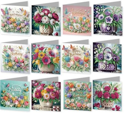 C'eitura 12Pcs Flower Bouquet Diamond Art Painting Greeting Card Kit with Envelopes, DIY Floral Christmas Birthday Thanksgiving Card Making Set, Elegant Handmade Card Craft by C%27eitura