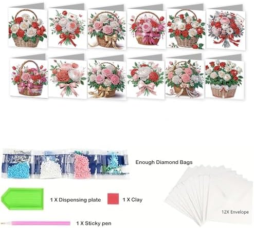 12 Pack Diamond Painting Greeting Cards Kit with Envelopes, 5D DIY Rose Bouquet Flower Basket Diamond Art Cards, Mothers Day Birthday Thank You Cards for Women Her Adults - Image 6