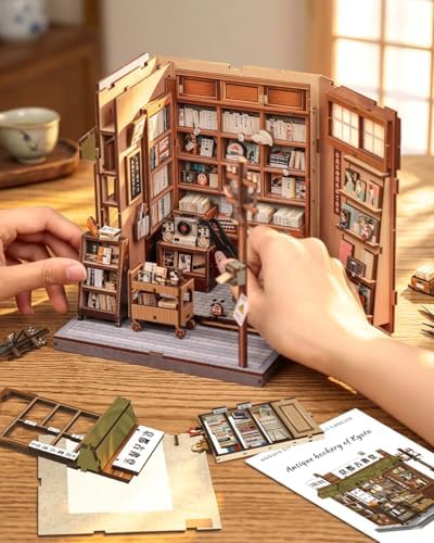 Book Nook Kit for Adults, DIY Miniature Dollhouse Kit with LED, 3D Wooden Puzzle Model Building Kit, Craft Gifts for Adults and Teens (Antique Bookery of Kyoto) - Image 6