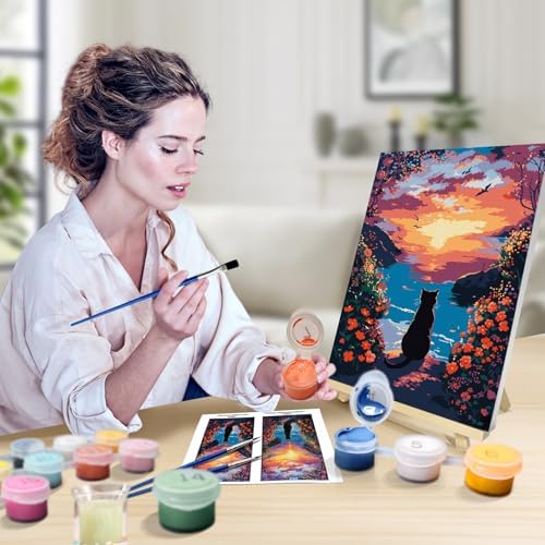 JOOZ Paint by Numbers Kit for Adults with Frame, Black Cat Paint by Number with Easel, DIY Seaside Sunset Flowers Paint by Numbers Landscape for Home Wall Decor 8 x 12 Inch - Image 4