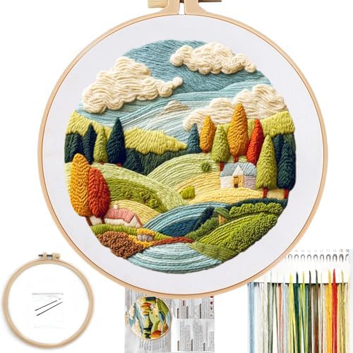 FONNUY Embroidery Kit for Beginners, Nature Hills Landscape Pre-Stamped Pattern Kits for Adults with Hoop, Easy to Follow Color Thread Needlework, 8'' Hoop (Scenic) by FONNUY