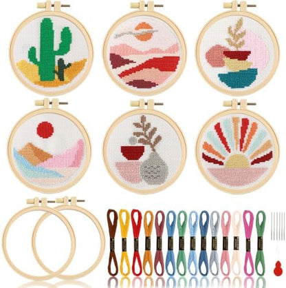 ZOIIWA 6PCS Cross Kits for Beginners DIY Embroidery Kit for Adults Boho Cross Kits Christmas Birthday Gift Abstract Landscape Needlepoint Patterns with 2 Embroidery Hoops Craft Supplies by ZOIIWA