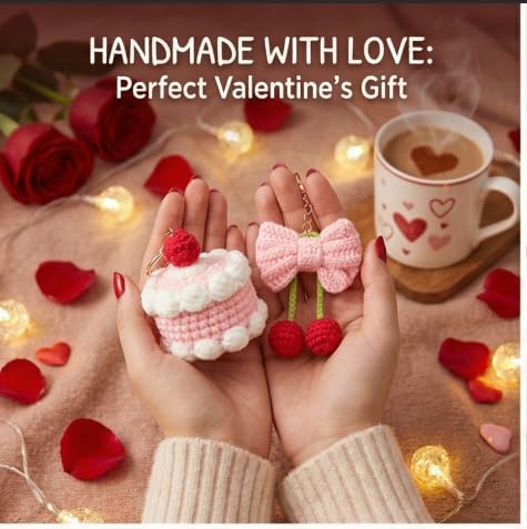 HOUSE CREATIVITY Crochet Keychain Kit for Beginners – Make 2 Cute Cake & Bow Charms, Amigurumi Crochet Starter Kit with Video Tutorial, Yarn & Keyring, DIY Bag Charm Gift - Image 6
