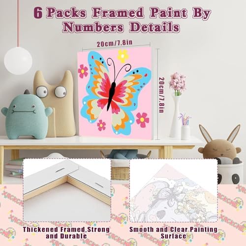 MXCFZX 6 Pack Butterfly Paint by Number for Kids with Wooden Frame,Easy Paint by Numbers for Kids Ages 4-8-12 Children DIY Acrylic Oil Painting by Number Kits for Home Wall Decor 8x8 Inch - Image 2