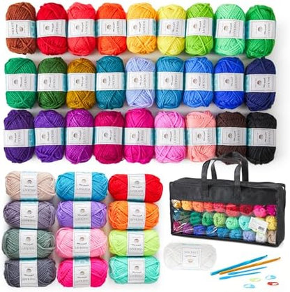 INSCRAFT 48 PCS Crochet Yarn Kit, 1400 Yards 40 Colors Acrylic Yarn Skeins, 2 Crochet Hooks, 2 Weaving Needles, 4 Stitch Markers, 1 Bag, for Crocheting & Knitting, Gift for Beginners and Adults by INSCRAFT