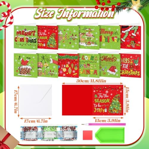 Saillong 12 Pack Christmas Diamond Painting Greeting Card Kits DIY Lime Green Christmas Diamond Art Cards with Envelopes Xmas 5D Rhinestones Painting for Adults DIY Craft Family Friend Xmas Gifts - Image 3