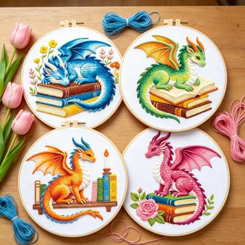 BEUNITONE 4 Set Embroidery Kits for Beginners with Dragon Pre-Print Patterns, DIY Craft Kits Include Instructions and 2 Embroidery Hoops, Cross Stitch Needlepoint Kits for Craft Lover and Home Decor - Image 6