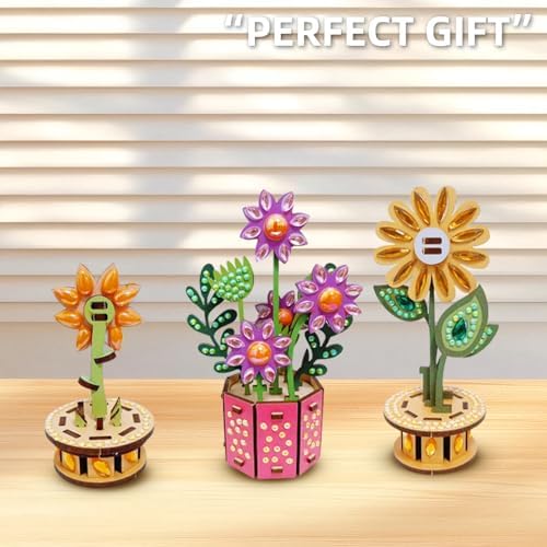 3D Wooden Flower DIY Kit with Sparkling Diamonds Layered Wood Crafts for Adults and Teens Home Decor Creative Building Project Unique Ornament Gift - Image 4