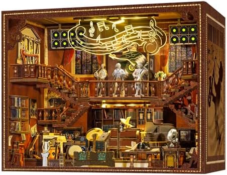 Book Nook Music Kit - DIY Miniature Dollhouse with LED Lights for Adults & Teens, Maestro's Study 3D Wooden Bookshelf Decor, for Family & Friends by Unknown