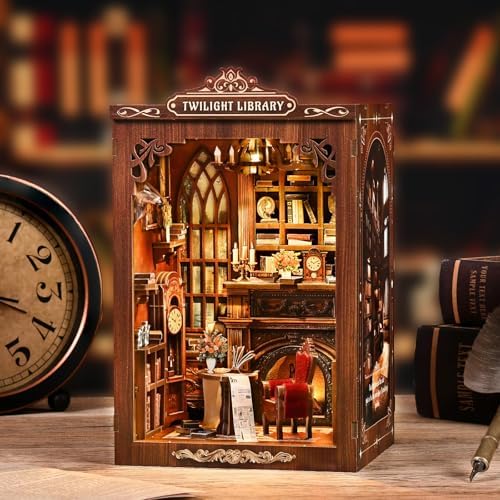Twilight Library Book Nook Kit - DIY Miniature Dollhouse with LED Warm Light, 3D Wooden Puzzle Bookends, Immersive Miniature, Stress Relief Craft Gift for Adults Teens, Aesthetic Home Decor - Image 3