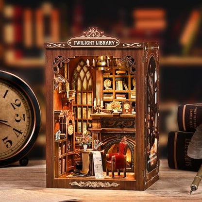 Twilight Library Book Nook Kit - DIY Miniature Dollhouse with LED Warm Light, 3D Wooden Puzzle Bookends, Immersive Miniature, Stress Relief Craft Gift for Adults Teens, Aesthetic Home Decor - Image 3