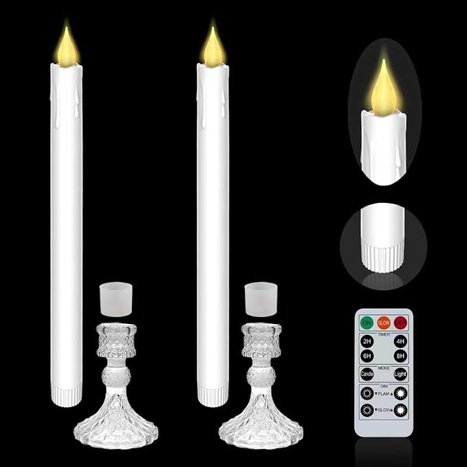 Flameless LED Taper Candles Wish Illuminated Holder - Glass Candle Holder, Remote Timer 2AA Battery Operated 500+ Hours for Thanksgiving/Xmas Decor, Wedding Centerpiece (White, 2 Pack)