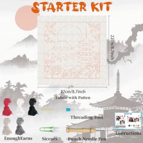 BEUNITONE 2Set Punch Needle Kit with Frame for Adults Beginners, Japanese Style Needlepoint Crafts Kit for Adults, Complete Embroidery Starter Kits with Pre-print Pattern for Gift Home Decor 9.4"x9.4" - Image 2