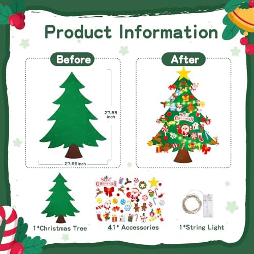 Max Fun DIY Felt Christmas Tree Set 3.2Ft with 41 Ornaments for Kids Toddlers Home Wall Hanging Felt Christmas Craft Kits Xmas Decoration Party Supplies - Image 5