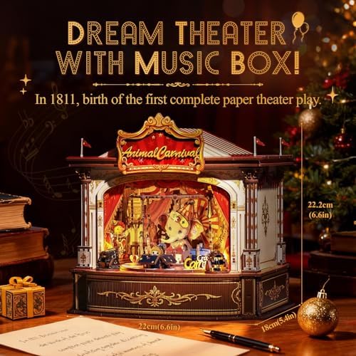 CUTEBEE 3D Wooden Puzzles Music Box - DIY Theater Model Kit with LED Light, 413 Pcs Rotating Miniature House Kit for Adults, Home Bookshelf Decor, Birthday Valentines Day Gifts (Animal Carnival) - Image 3