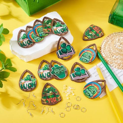 EEE ELECRELIVE 20Pcs St. Patrick's Day Earring Charms Wooden Dangle Earrings Green Leaf Wood Earrings Teardrop Wood Pendants Shamrock Charms with Earring Hooks for Women Jewelry - Image 2