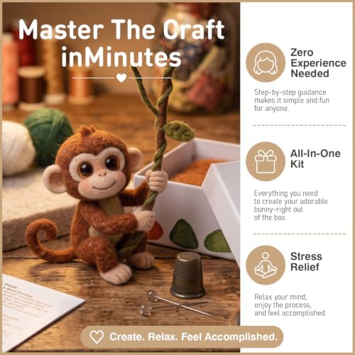 DIY Needle Felting Kit Cute Monkey on Vine – Needle Felting Starter Kit with Fiber Roving, Needles, Felting Pad & Instructions | Felted Jungle Animal Kit for Beginners Adults | DIY Craft Gift - Image 3